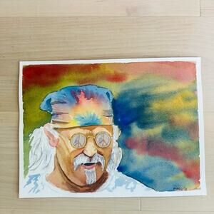 Artist Rending Watercolor Portrait Peace Hippie Love Vibes Wall Art Original Art